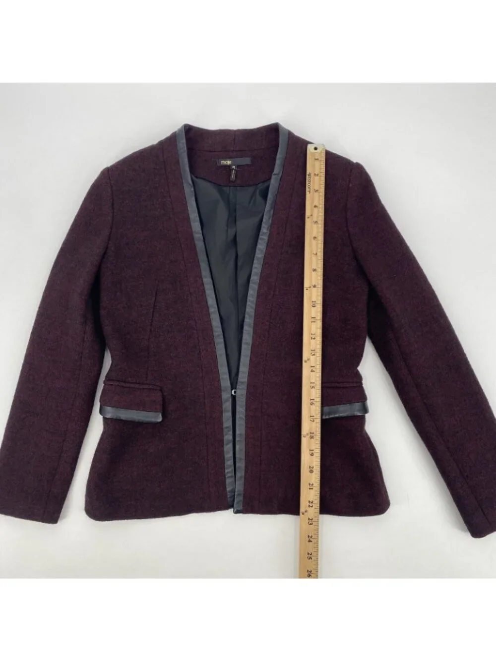 Maje Size 38 Medium Burgundy Wool Blazer W/ Leather Trim Jacket Fitted